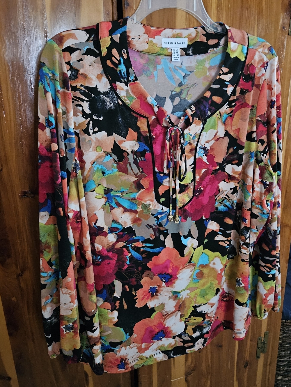 Susan Graver Black Multicolor Floral Tie-Neck Long Sleeve Top 2X - Picture 10 of 14